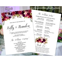 Floral burgudy Wedding program fan,Floral burgundy Wedding itinerary,(032w)